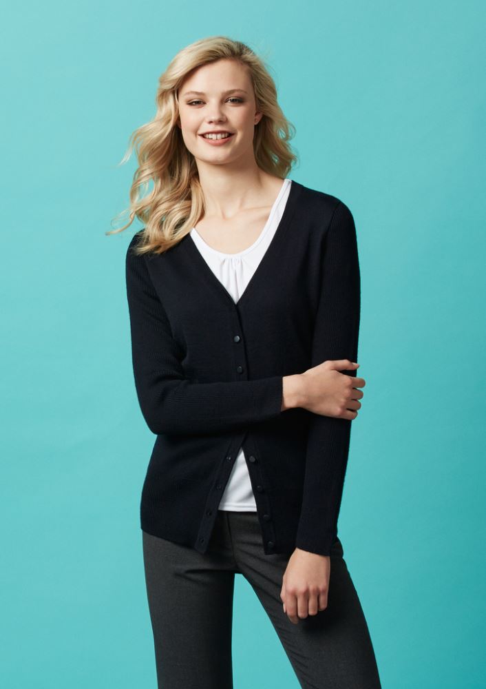Black Ladies Milano Cardigan by Biz Collection, featuring ribbed details and a slim button-through placket, ideal for layering.