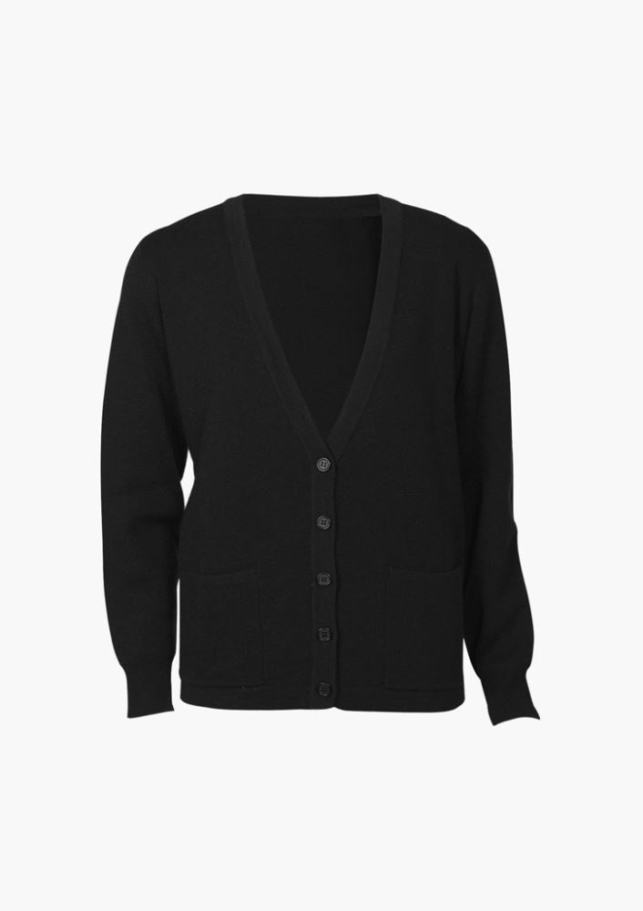 Ladies black woolmix cardigan, size M, featuring classic button design and two front pockets, perfect for stylish layering.
