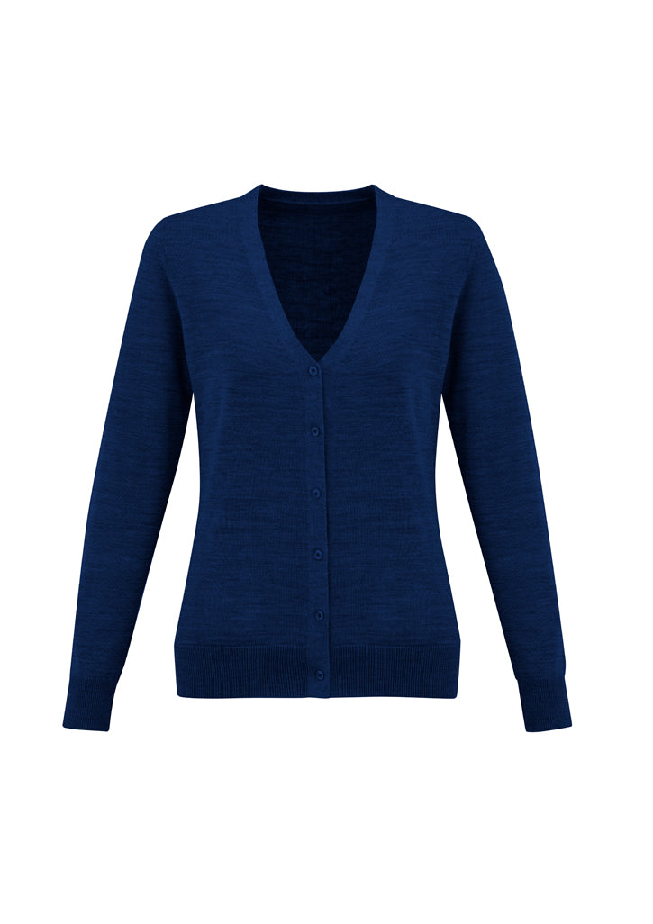 Ladies Roma Cardigan in French Blue, Size L, featuring a button-through style, ribbed cuffs, and soft Merino Wool blend.