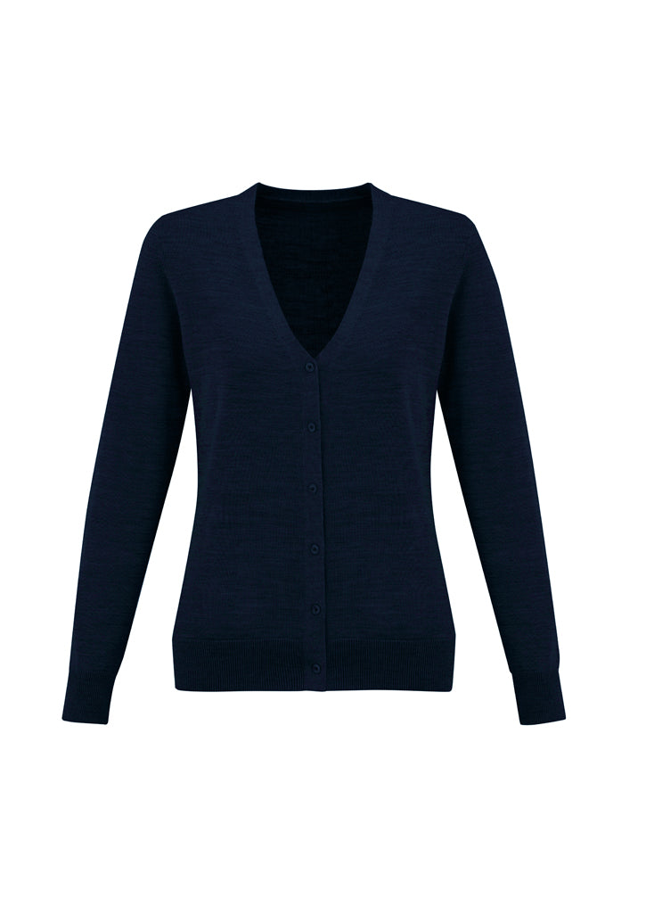 Navy Ladies Roma Cardigan in size S, featuring a stylish button-through design, soft ribbed cuffs, and made of Merino Wool blend.