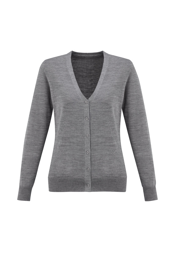 Silver Ladies Roma Cardigan from Biz Collection, size M, featuring a modern design, ribbed cuffs, and soft Merino wool blend.