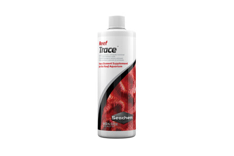 Bottle of Seachem Reef Trace 500mL, a nutrient solution for coral health and vibrant reef aquarium conditions.