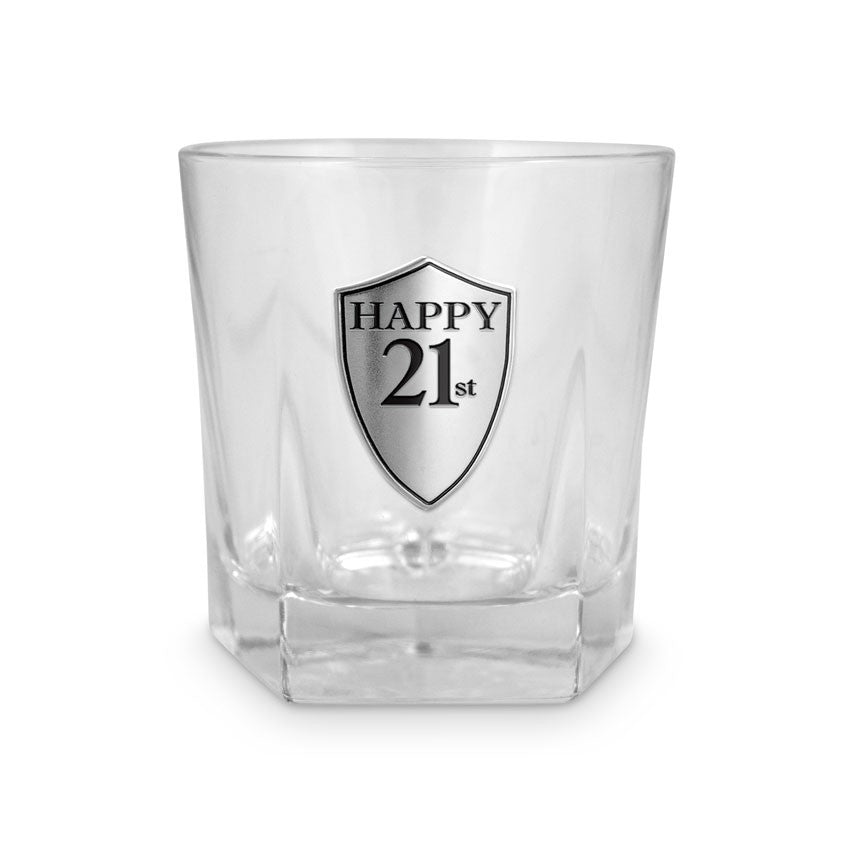 Elegant whiskey glass with "Happy 21st Birthday" design, perfect for celebrating the milestone with style.