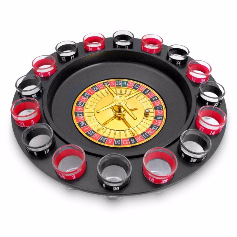 Colorful roulette wheel and board set for an exciting drinking game, perfect for parties and gatherings.