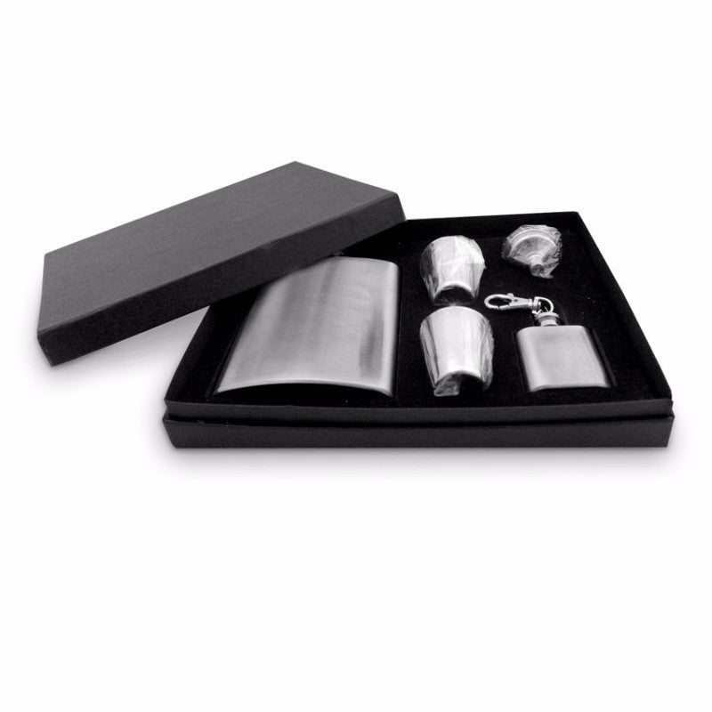 Plain Hip Flask Set in a sleek design, includes flask, funnel, and shot glasses, perfect for stylish sipping on the go.