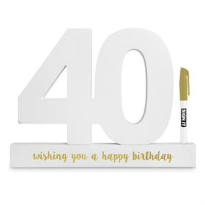 40th Gold Edition Sign It Block featuring a luxurious gold finish for guests to leave messages at birthday celebrations.