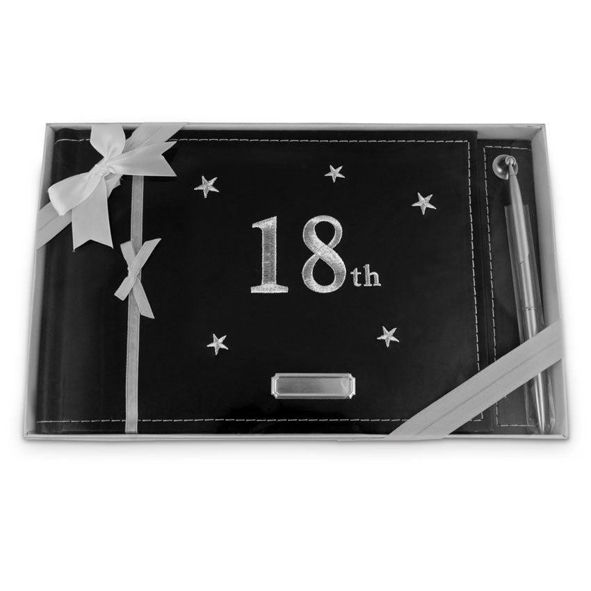 Elegant silver 18th guest book with black fabric cover, silver embroidery, and a premium silver pen for heartfelt messages.