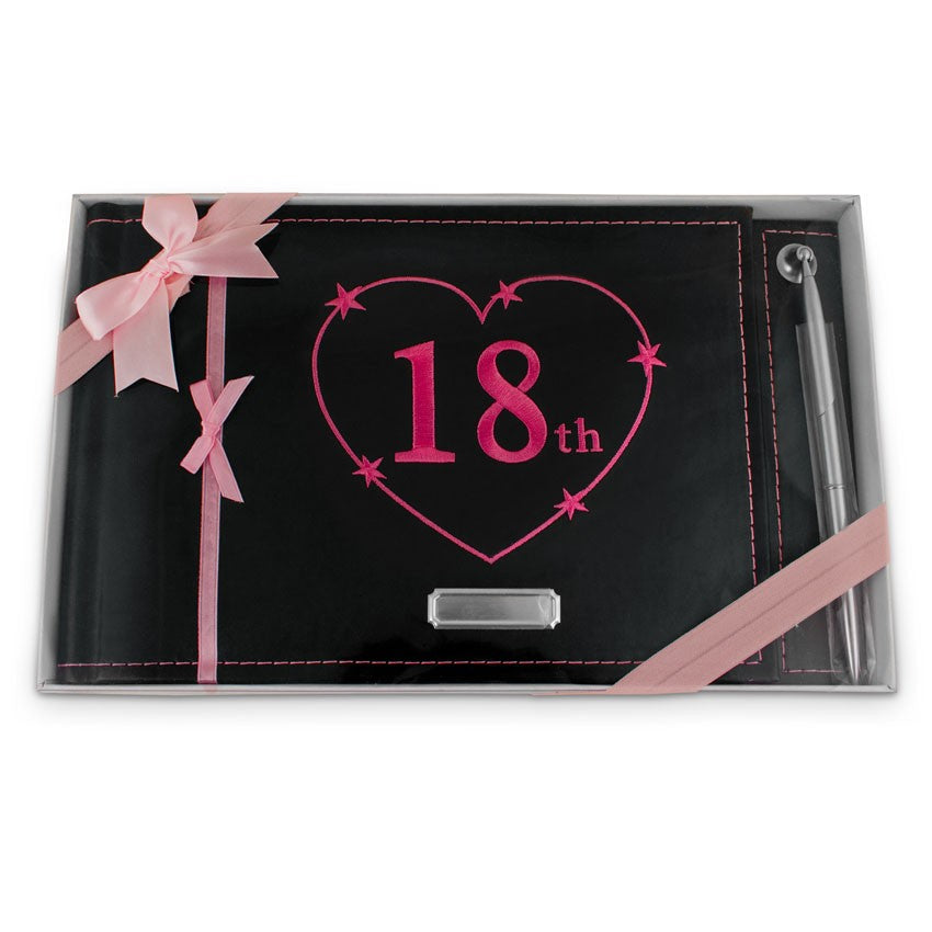 Pink 18th birthday guest book with silver pen, wiro-bound, 20 lined pages, elegant black fabric cover, perfect for memories.
