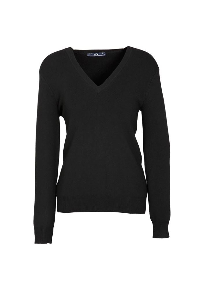 Ladies V-Neck Pullover in black, size 2XL, featuring a ribbed neckline and a durable blend of Viscose and Nylon for comfort.