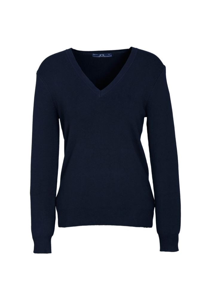 Navy Ladies V-Neck Pullover in 3XL, featuring ribbed neckline and cuffs, crafted for comfort and style. Machine washable.