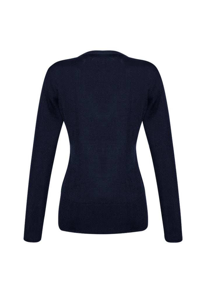 Navy Ladies Milano Pullover from Biz Collection, made of wool-acrylic blend, featuring ribbed details and longer hip length, size M.