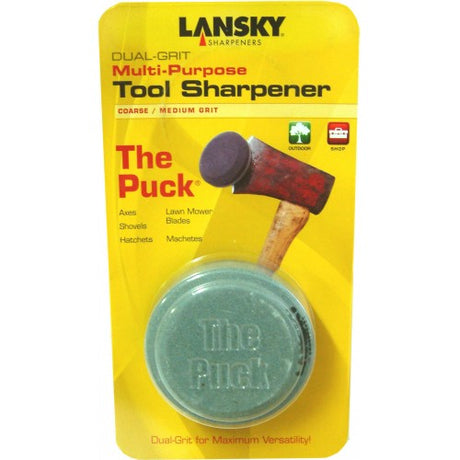 Pocket-sized Lansky sharpener with dual grits, designed for efficient sharpening of axes, shovels, and garden tools.