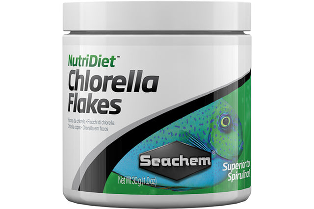 Seachem NutriDiet Chlorella Flakes 30g, a rich diet for fish with probiotics, garlic, and essential nutrients for health.