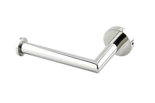 Polished stainless steel toilet roll holder, stylish and durable, perfect for modern bathroom decor.