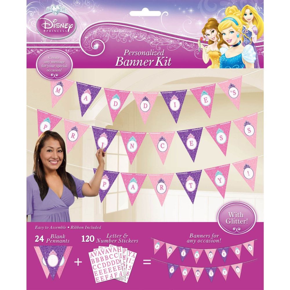 Personalised Disney Princess banner kit with 24 pennants, stickers, and ribbon for magical birthday decorations.