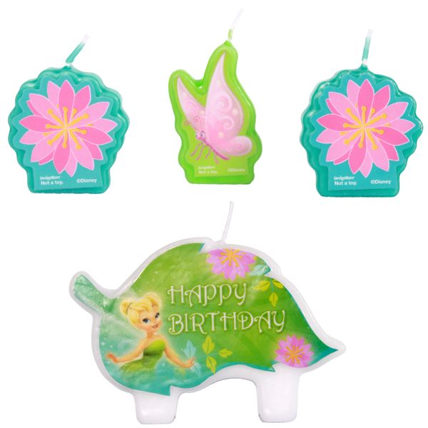 Disney Tinkerbell Moulded Candle Set (4) featuring Tinkerbell, flowers, and a butterfly for magical birthday celebrations.
