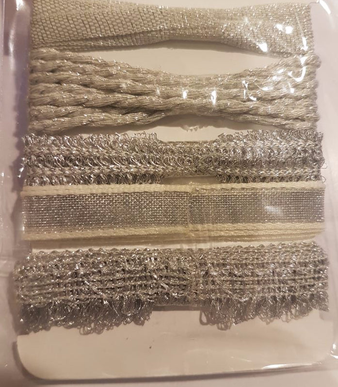 Elegant silver craft ribbons in four packets, each with five 1m ribbons for versatile DIY projects and decorations.