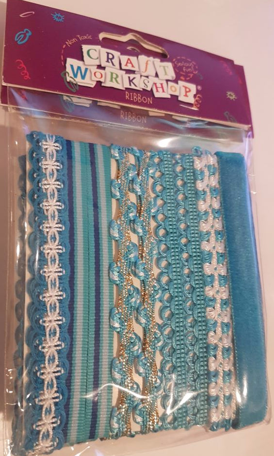 Assorted blue craft ribbons, 1 metre long, perfect for DIY projects, card making, and decorating.