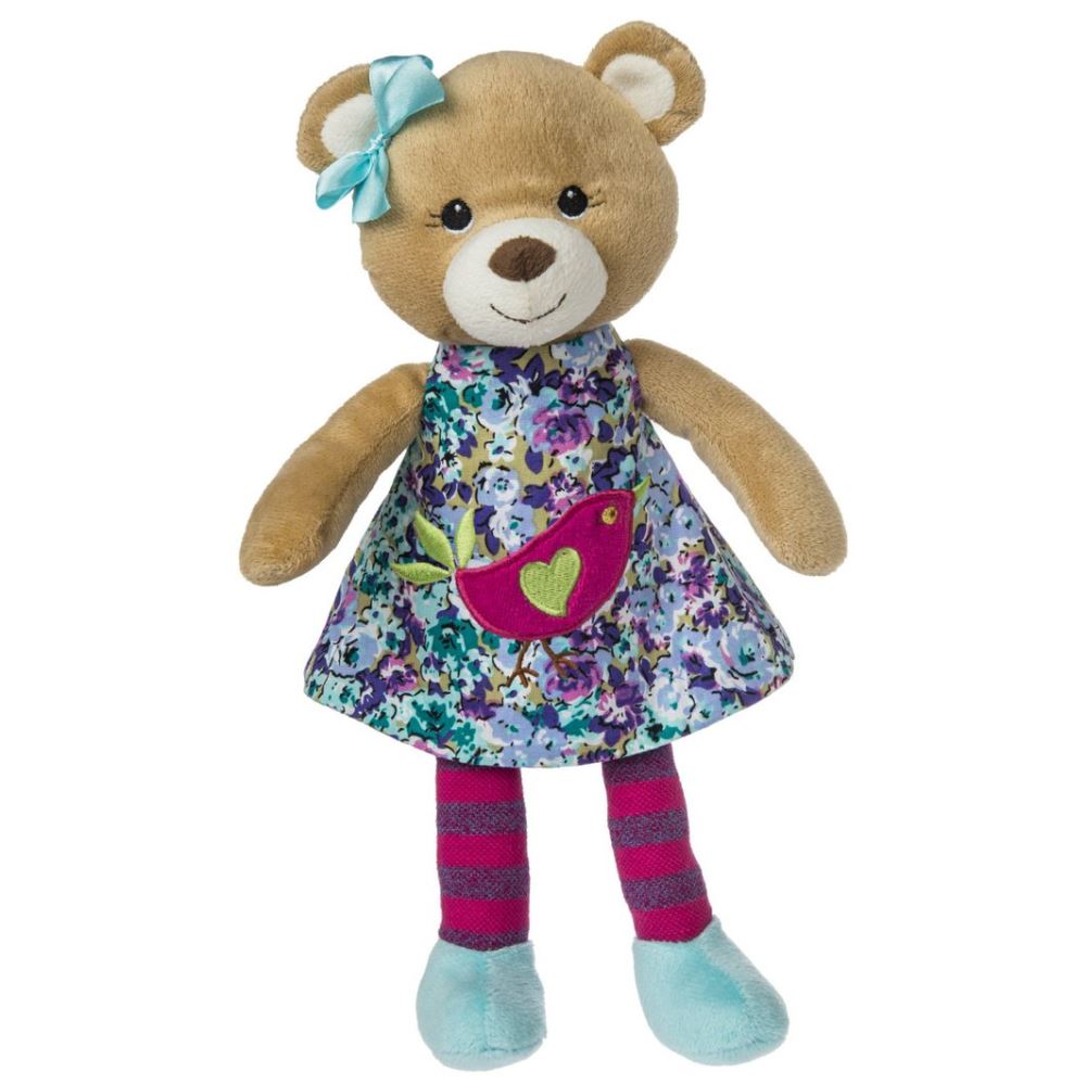 Doll-like Fernwoods Willow Bear Toy, 11" tall, in a dress with bird appliqué, removable outfit, with striped leggings and blue shoes.