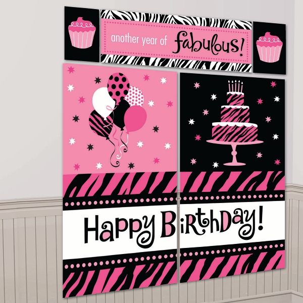 Vibrant 5-piece wall decorating kit for parties, featuring large backgrounds, banner, and cutouts for a festive atmosphere.