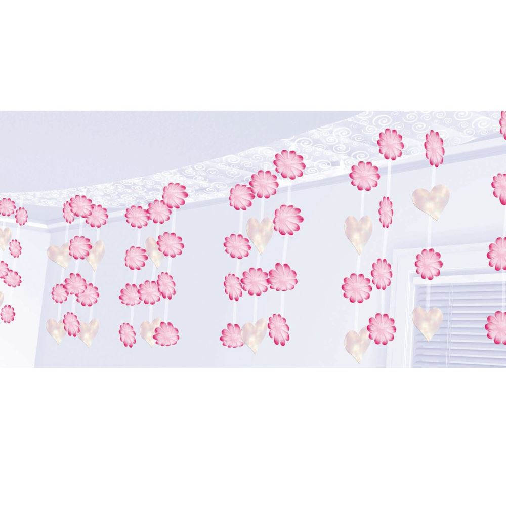 Hearts & Flowers Ceiling Decoration with iridescent hearts and pink flowers, perfect for weddings and celebrations.