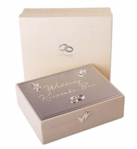 Elegant wedding keepsake box with grey fabric lining, metal closure, and decorative 'Wedding Keepsake Box' motifs.