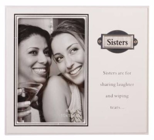 "Sisters Momento Frame with glass face, wood design, and heartfelt quote, perfect for displaying cherished sister photos."