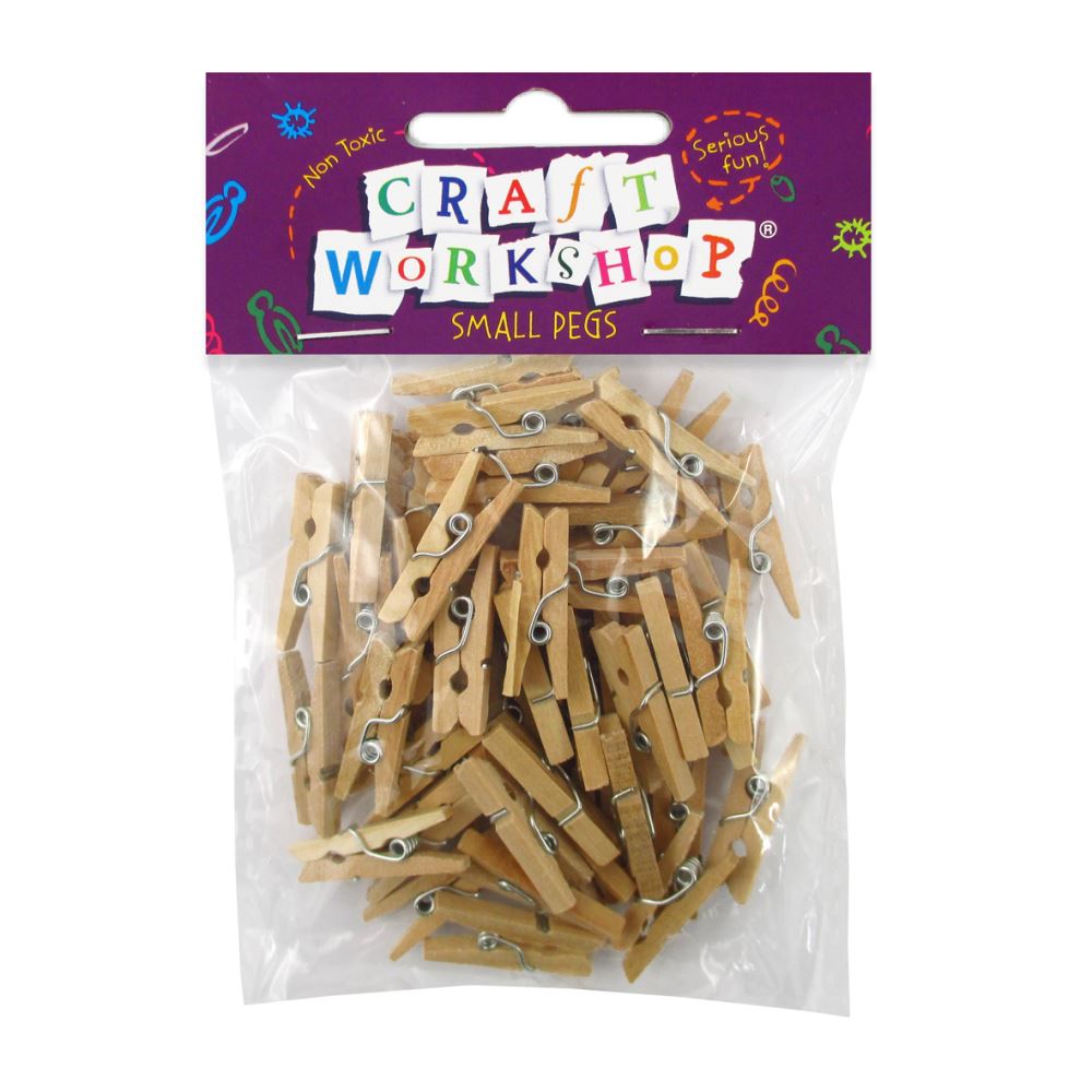 Small natural wooden craft pegs set of 30, each 25mm, perfect for DIY projects, photo displays, and scrapbooking.