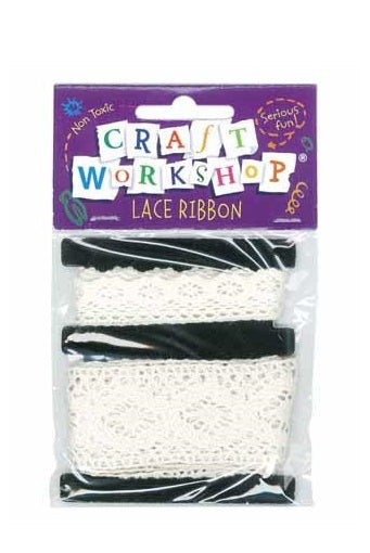 Four packets of Craft Lace Ribbon in 32mm and 16mm sizes, ideal for elegant DIY projects, each 90cm long.