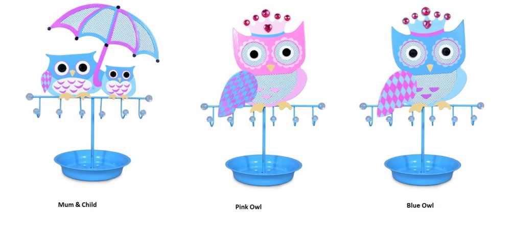 Cute Crown Pink owl jewellery holder with six hooks and two side arms, perfect for organizing accessories.