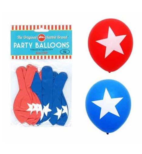Vibrant red and blue star balloons, 25cm, suitable for helium or air; perfect for festive celebrations and events.