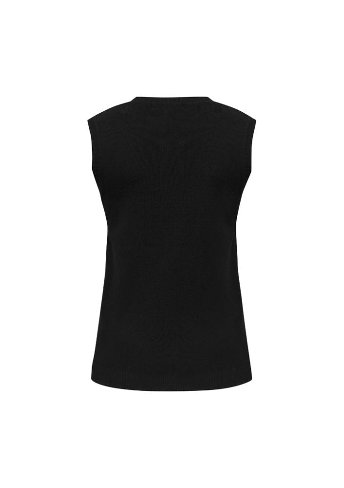 Ladies black V-neck vest in size L, featuring a ribbed neckline, lightweight fabric, and a stylish, versatile design.