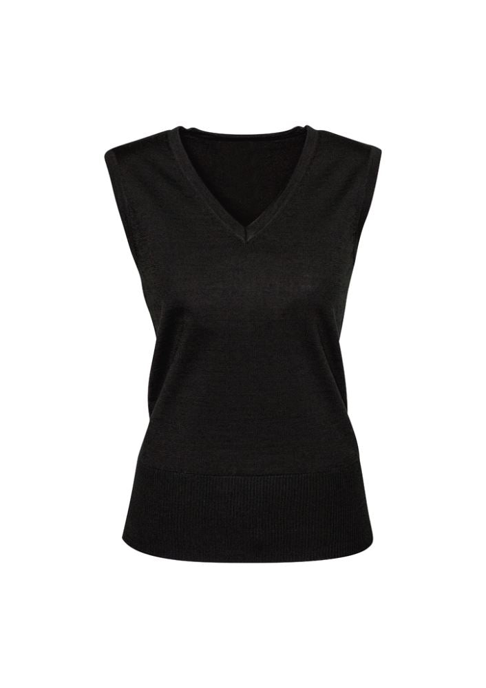 Ladies Milano Vest in black, size M, featuring a contemporary V-neck, soft wool blend, perfect for layering and versatile styling.