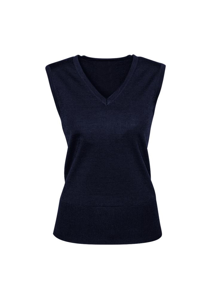 Navy Ladies Milano Vest in Size L, featuring a V-neck, durable knit, and crafted from pre-shrunk wool and acrylic blend.