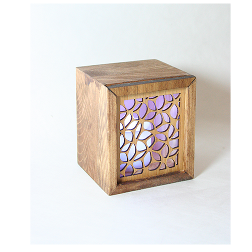 LED tealight box in laser-cut bamboo with color-changing candle, doubles as a trinket box, perfect for gifting.