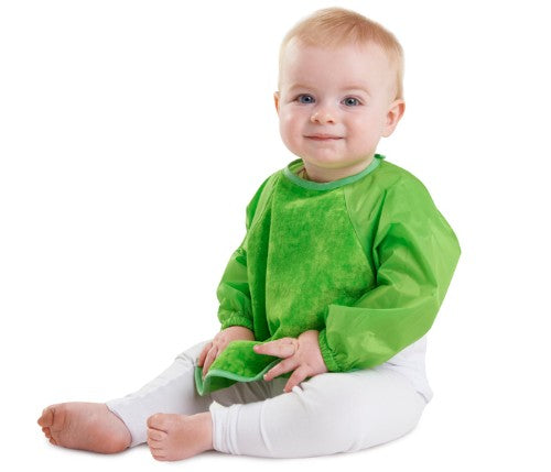 Bright lime Sleeved Wonder Bib with absorbent towelling and water-resistant backing, perfect for messy mealtimes for infants.