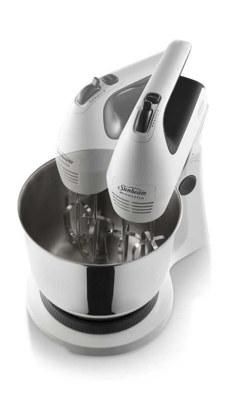 White Combo Pro Mixer from Sunbeam, a versatile hand and stand mixer with stainless steel attachments and 3.8L bowl.