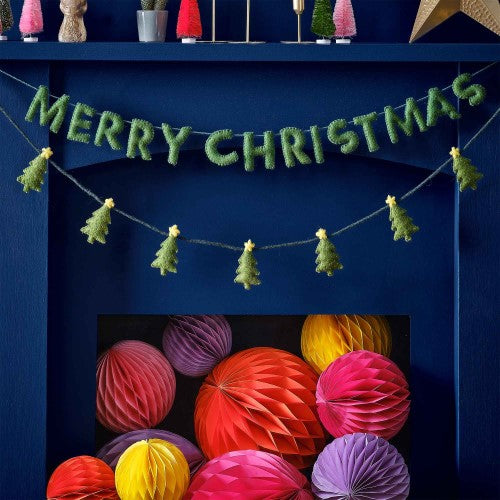 Colorful felt tree bunting garland, 1.5m long with 75 shapes, perfect for festive holiday decorating.