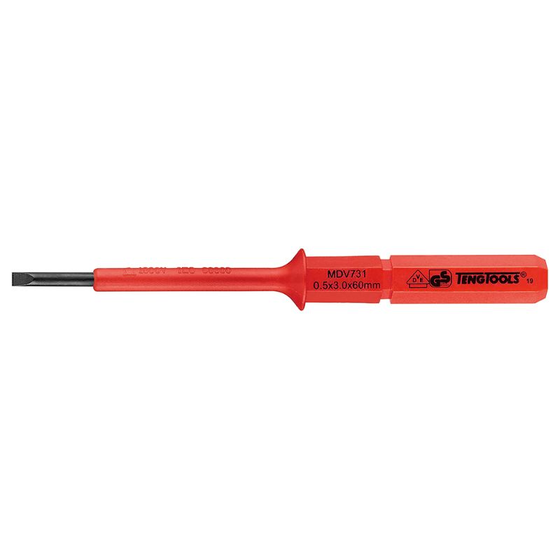 Teng 1000V interchangeable 3mm flat screwdriver with dual-color insulation for safe live electrical work and ergonomic grip.