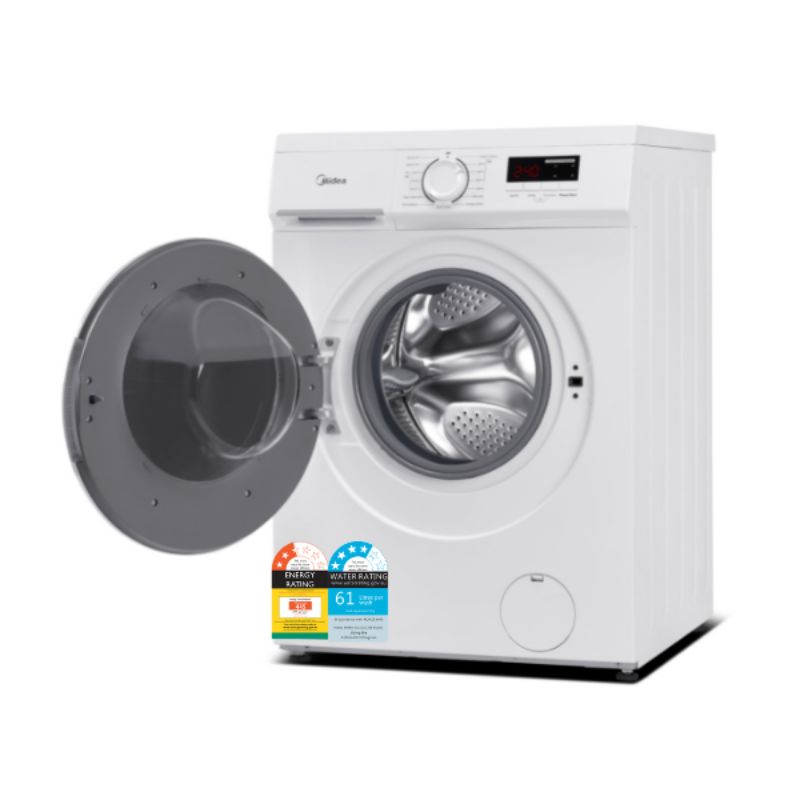 Midea 6KG front loader washing machine with 15 programs, 1200 RPM spin speed, and large LED display for efficient laundry care.