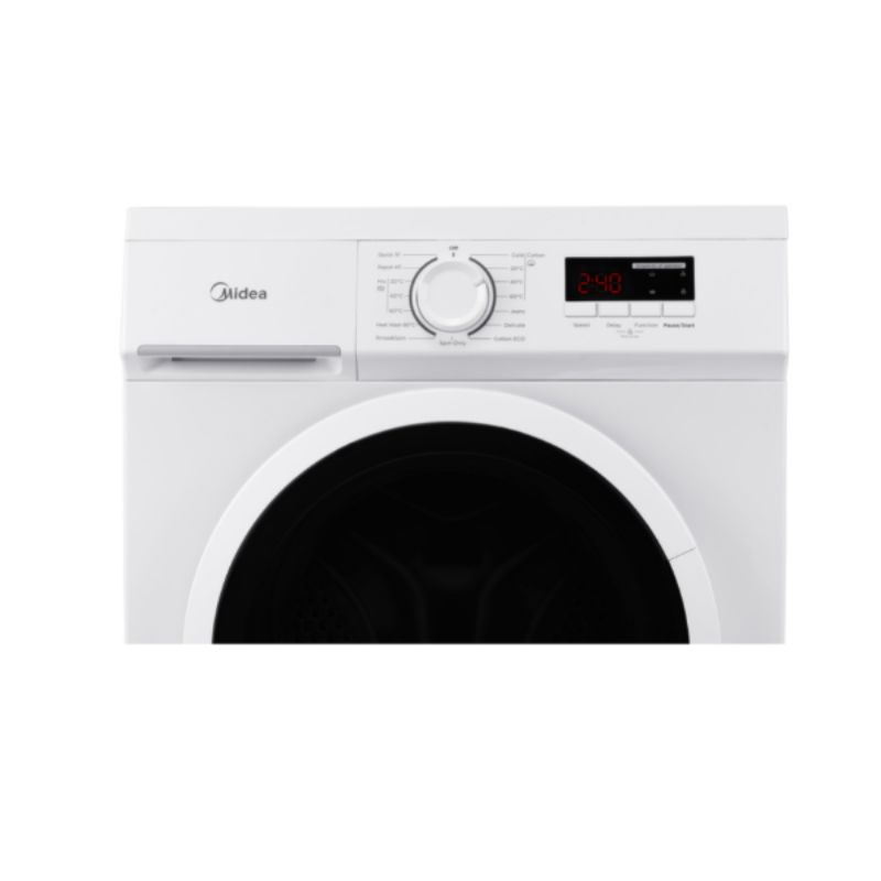 Midea Front Loader washing machine, 6KG capacity, 15 programs, 1200 RPM spin, large LED display, and quick wash options.