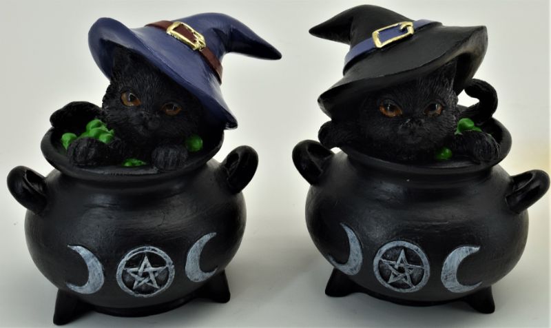 Set of 2 whimsical black cat ornaments peering from cauldrons, perfect for Halloween decor and seasonal celebrations.