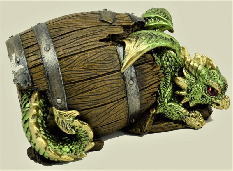 Whimsical green dragon peeks from a rustic barrel, perfect for home decor and dragon lovers.