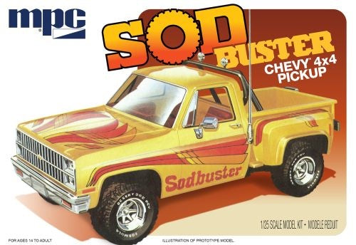 1/25 scale model kit of the '81 Chevy Stepside Pickup, featuring detailed parts, off-road tires, and vibrant decal options.