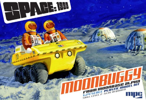 Detailed 1/24 scale model kit of Space 1999 Moonbuggy, featuring 46 parts, vibrant yellow color, and assembly guide.
