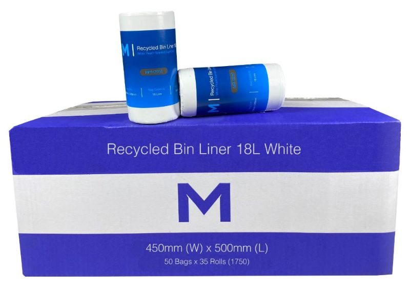 Scented white recycled bin liners, 18L size, 450mm x 500mm, strong and eco-friendly, ideal for home and commercial use.