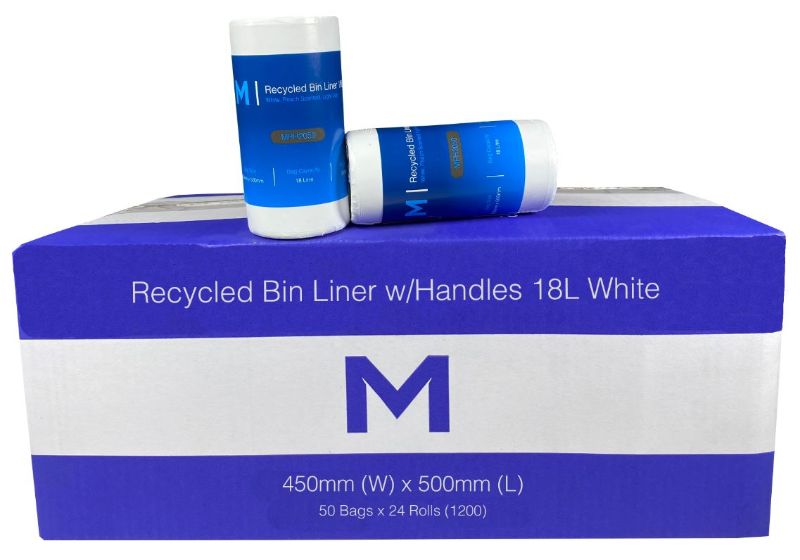 White recycled bin liners with handles, 18L, 450mm x 500mm, eco-friendly, durable, puncture-resistant, box of 1200.
