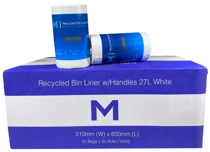 Eco-friendly white bin liners with handles, 27L size, durable, leak-proof, made from recycled plastic, box of 1000.