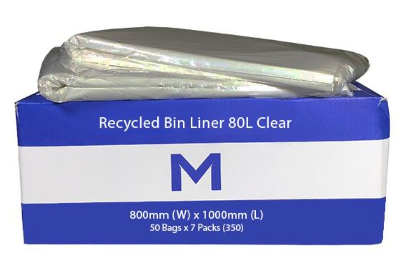 Clear 80L recycled bin liners, 800mm x 1000mm, durable 25mu, eco-friendly, box of 350 for waste disposal and recycling.