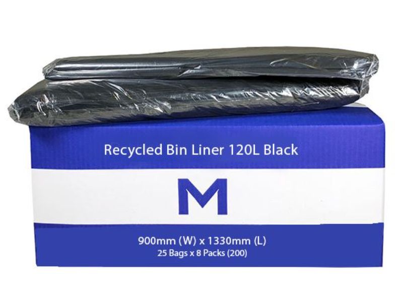 Black recycled bin liners 120L (900mm x 1330mm) in a box of 200, providing eco-friendly waste disposal and odor protection.